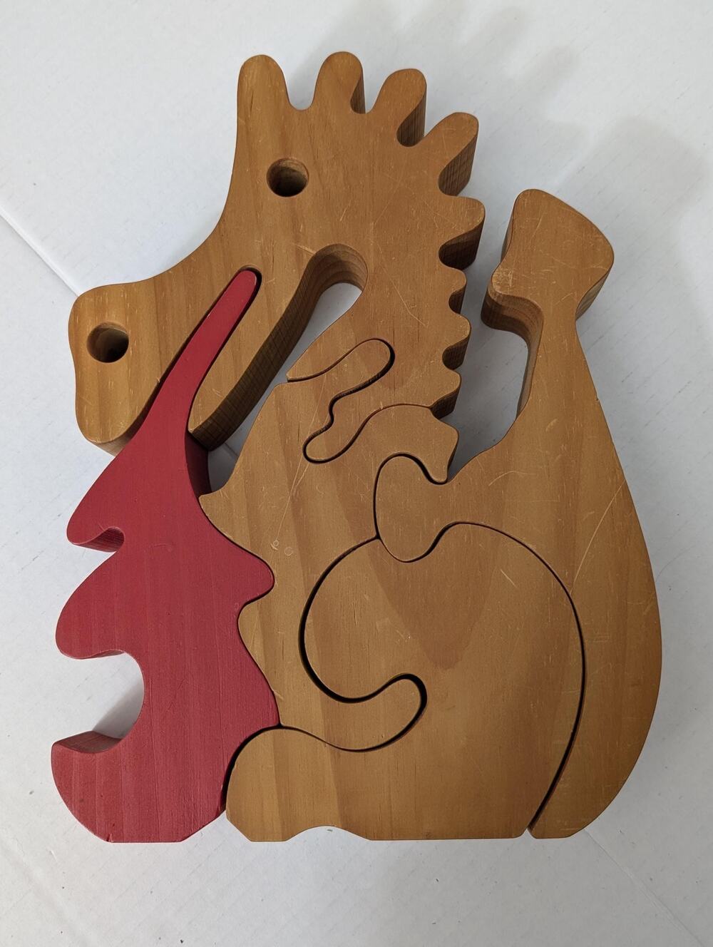 Vintage Wooden Dragon Puzzle Standing Fire Breathing Mythical Creature Toy